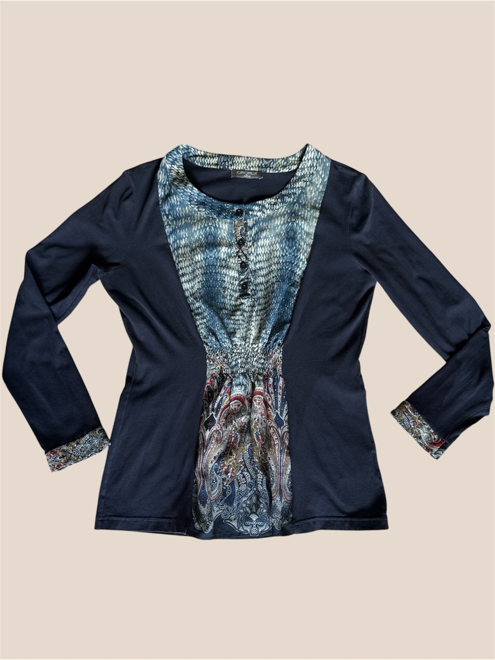 Camomilla Italia Navy Mixed Print Smocked Waist Top Italian Size 46 EUC